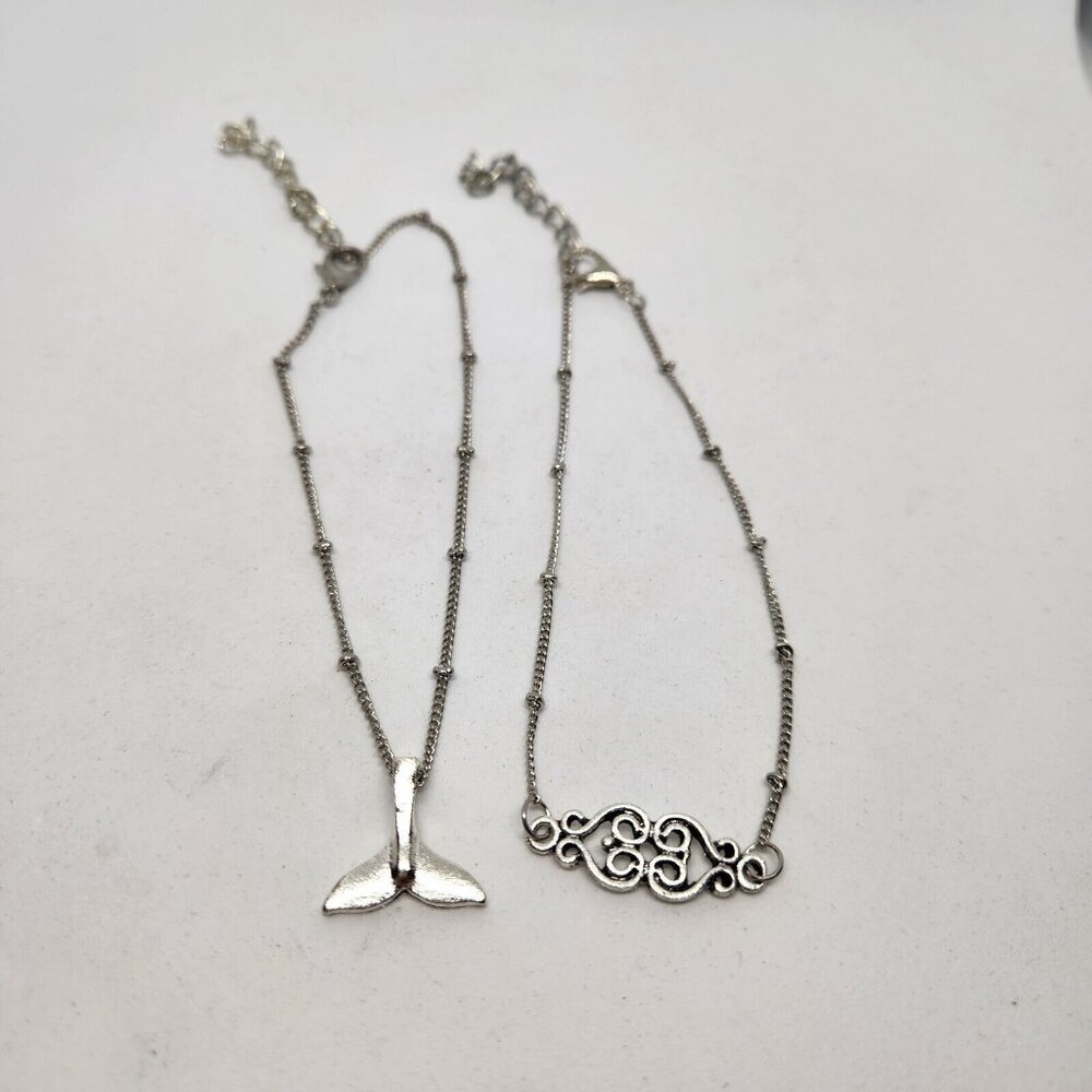 Anklet Whale Tail And Double Hearts 2 Piece Set Silver Tone